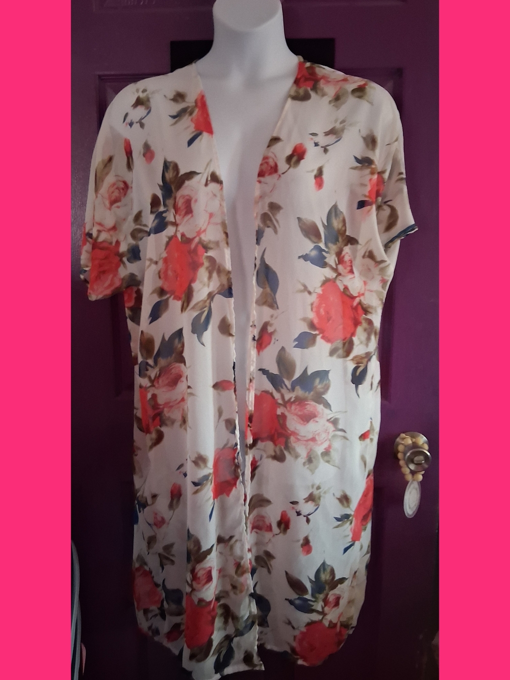 Floral Open Front Kimono - Cream with Coral Roses